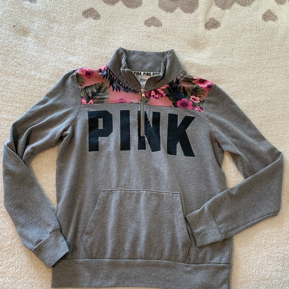 PINK Victoria's Secret Gray Half Zip with Pink Floral Details
